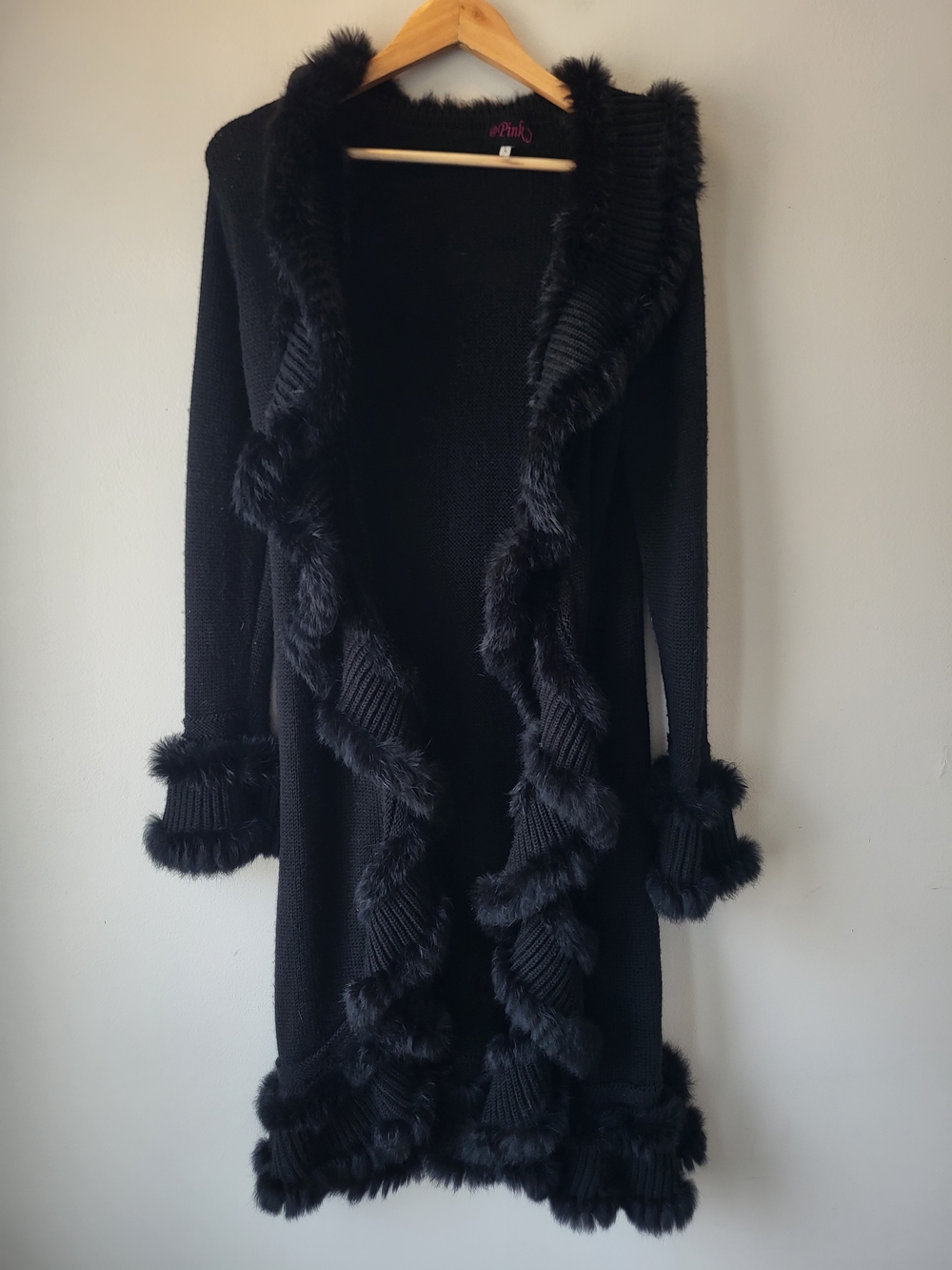 Pinky Black Goth Chic Classic Feminine Wool Blend Fur Trim Long Cardigan